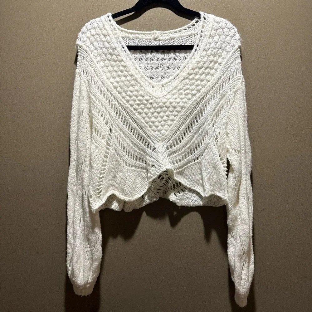 NWT Free People Off White Cropped V Neck Open Knit Pullover Sweater Oversized La - Picture 2 of 6
